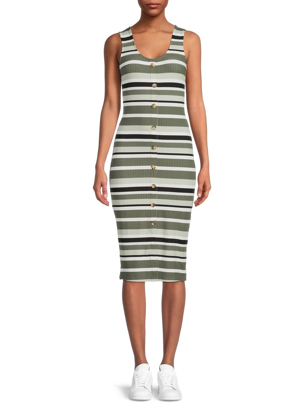 NWOT Sleeveless Ribbed Knit Striped Midi Dress in Olive/White